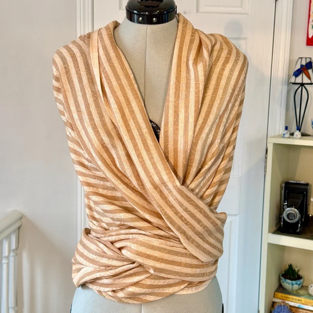 Nazakat 100% Pure Wool Beige and White Striped Shawl with Paisley Detail